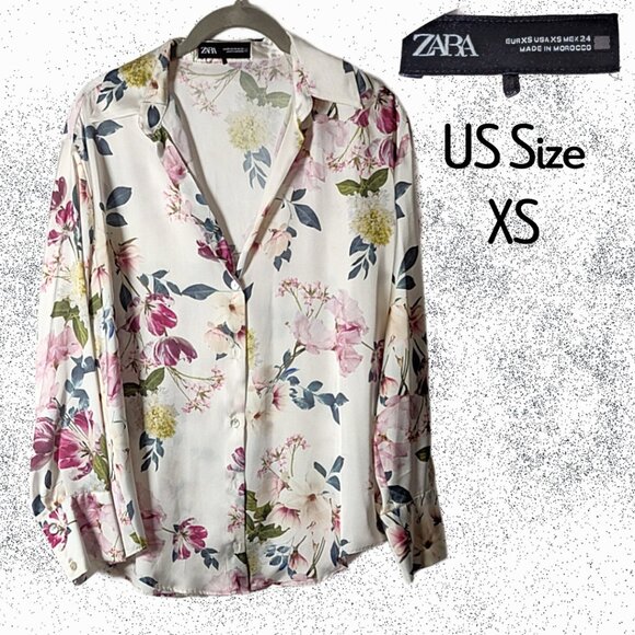 ZARA XS Satin-Smooth Button-Down Long Sleeve Top Vibrant, Detailed Floral Print - Picture 1 of 6